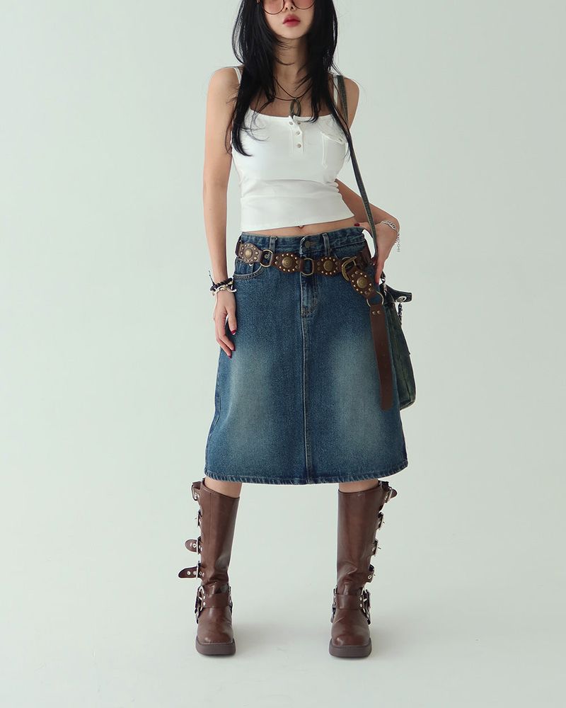 Cami vintage denim midi skirt