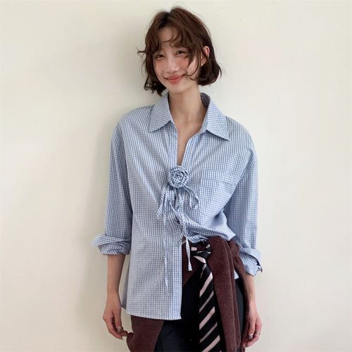 French Corsage Shirring Flower Tie Loose-Fit Check Shirt