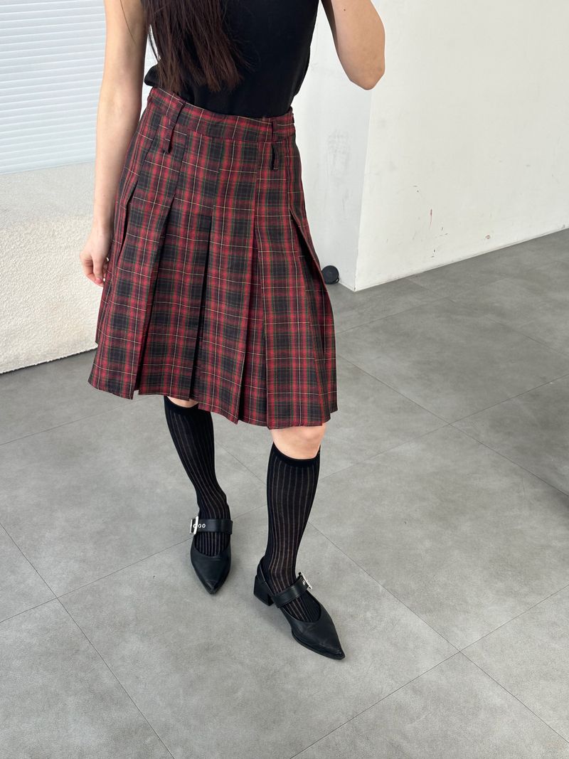 Red Preppy Checkered Midi Pleats Skirt