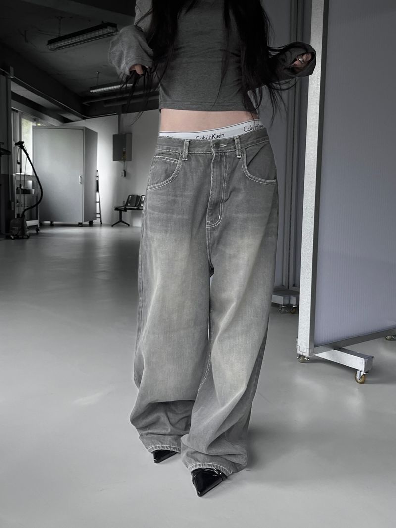 gray shirring washed denim