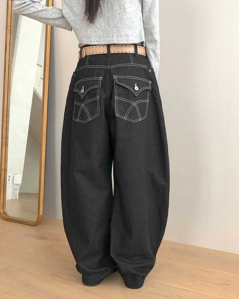 Cookit Stripe Slit Balloon Fit Wide Cotton Long Pants