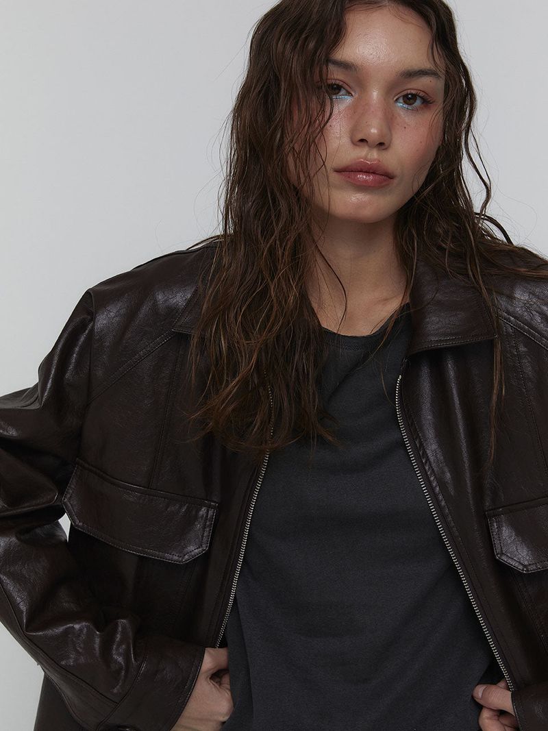 Eco Leather Bomber Jacket_Brown