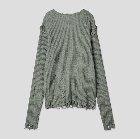 Reverse damage V-neck knitwear