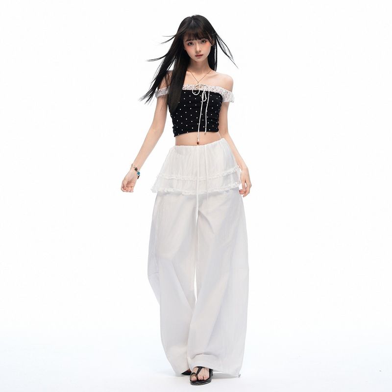 レイヤードフリルディテール カーブドレッグカジュアルパンツ