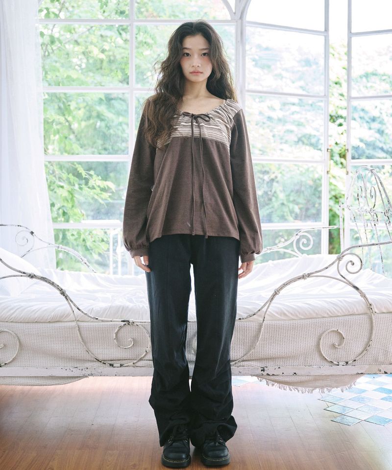 STRING STRIPE SHIRRING LONG SLEEVE - BROWN
