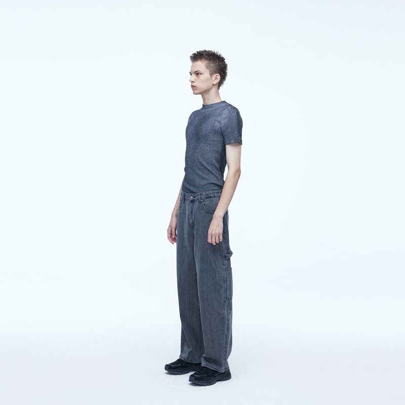 Curved Carpenter Crack Denim Pants Grey