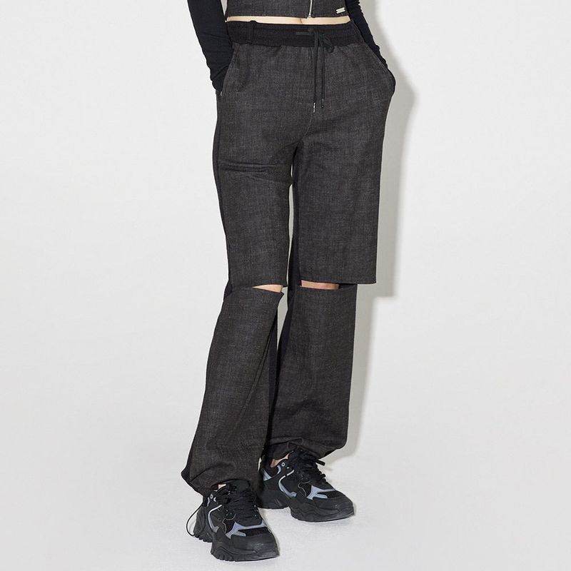 デニムニットブロッキングパンツ / Denim Knit Blocking Pants [BLACK]