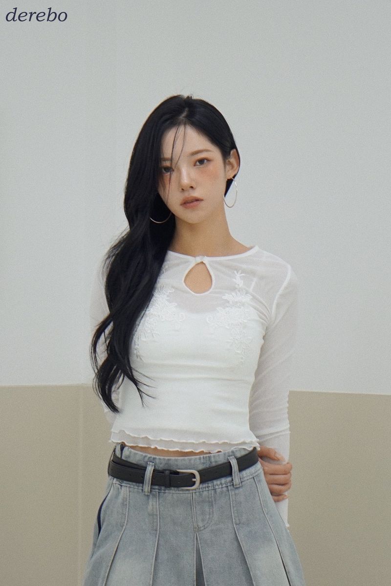 embroidered white lace long-sleeved T-shirt