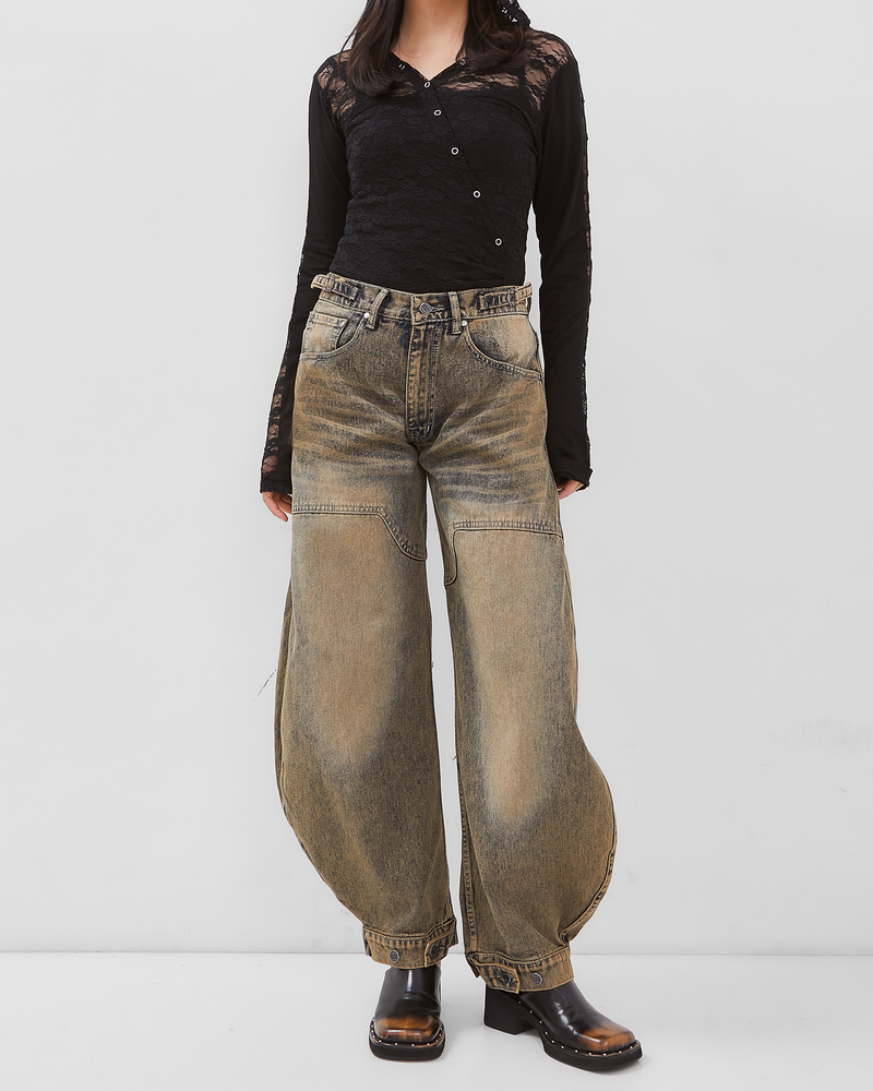 Semi Carpenter Washed Adjustable Leg Baloon Line Up Jeans