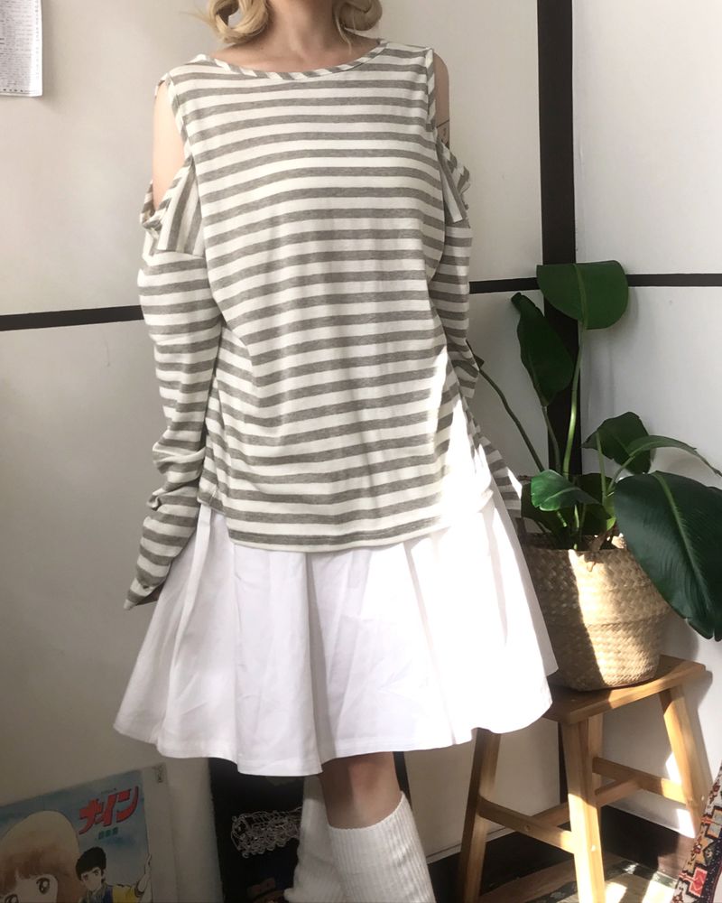 shoulder slit loose stripe long sleeve