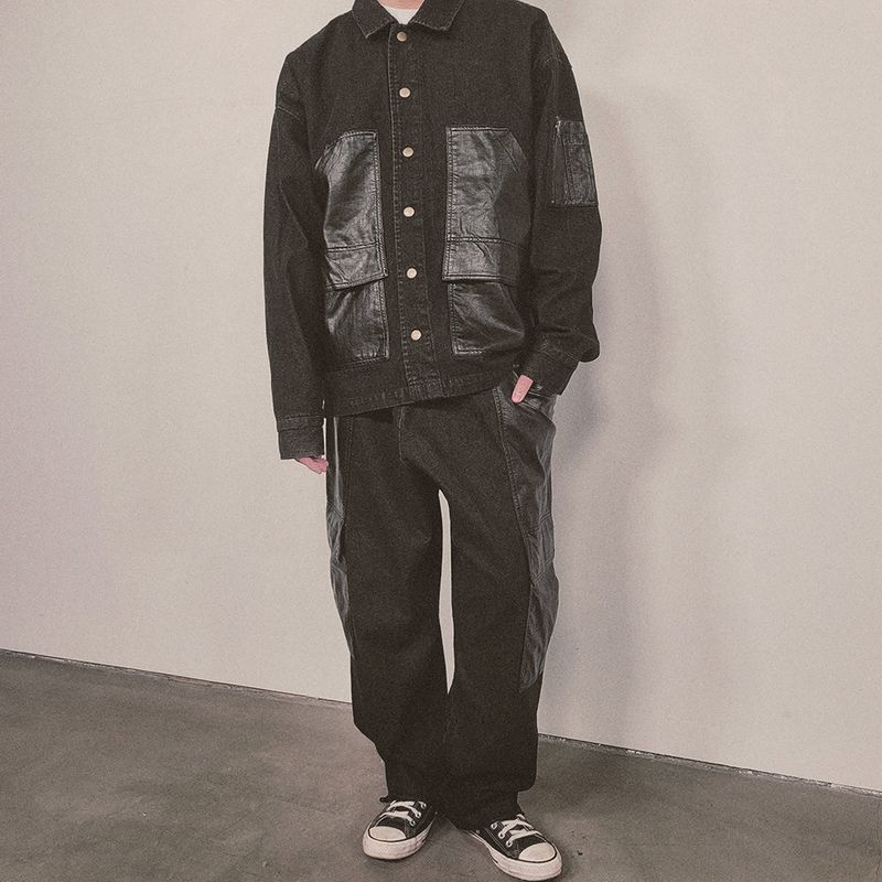 faux leather mix denim shirt_black