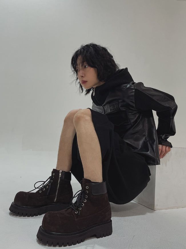 [LANARCH] Noble Leather Pocket Hooded Zip-Up