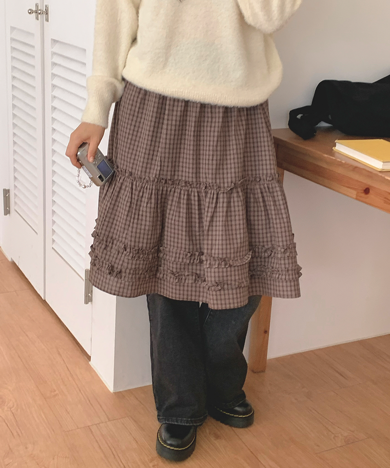 Luen midi checkered skirt Fall layered frill soft fit