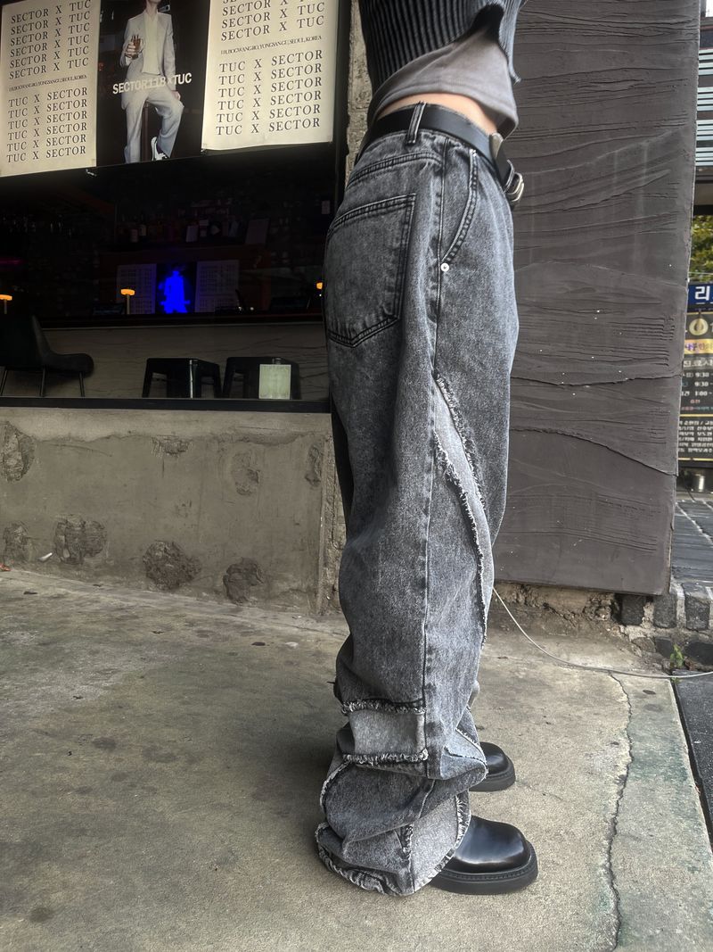 Unique cutting line grunge wide denim pants