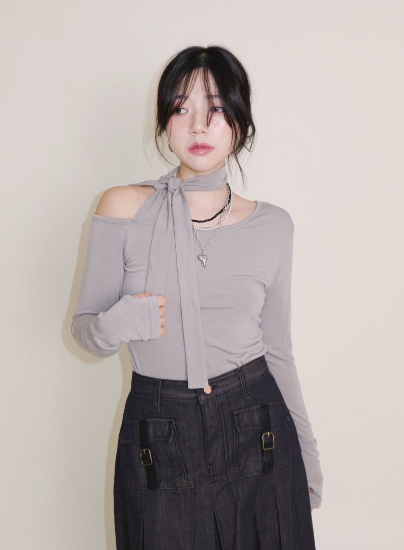 (Napping T-shirt) Euren One Shoulder Ribbon Tie Long-Sleeved Warmer T-Shirt