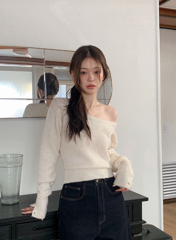 Wool Sleeve Button One Shoulder Knit (4color)