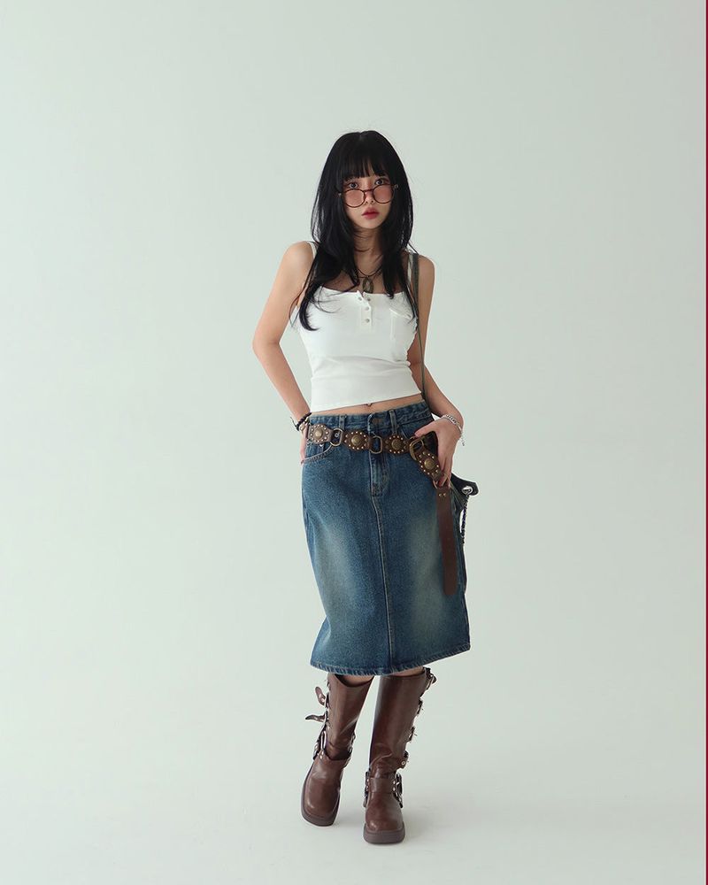 Cami vintage denim midi skirt