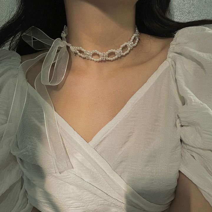 mix pearl ribbon tie choker