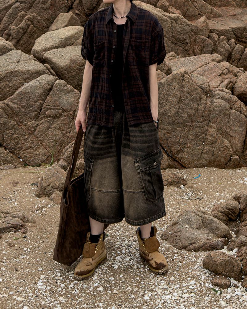 Embossed Texture Check Roll-Up Shirt