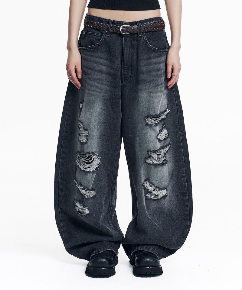 Distressed Curved Denim Pants - Black