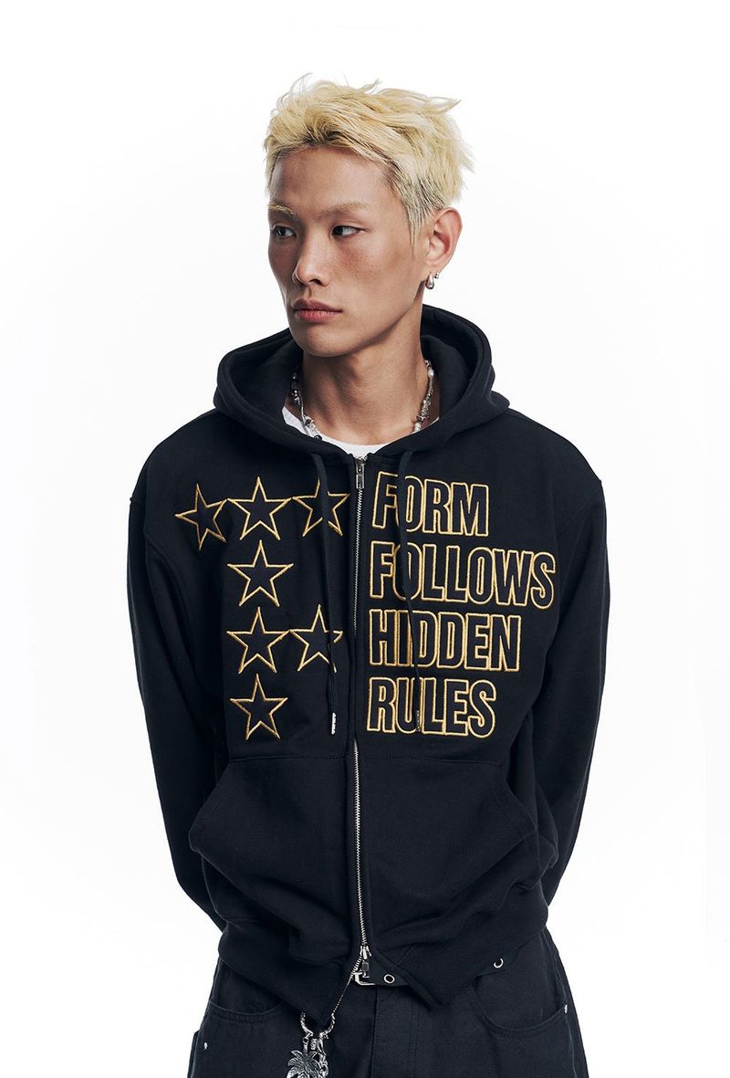 Star Lettering Patch Hoodie Zip-Up - Black