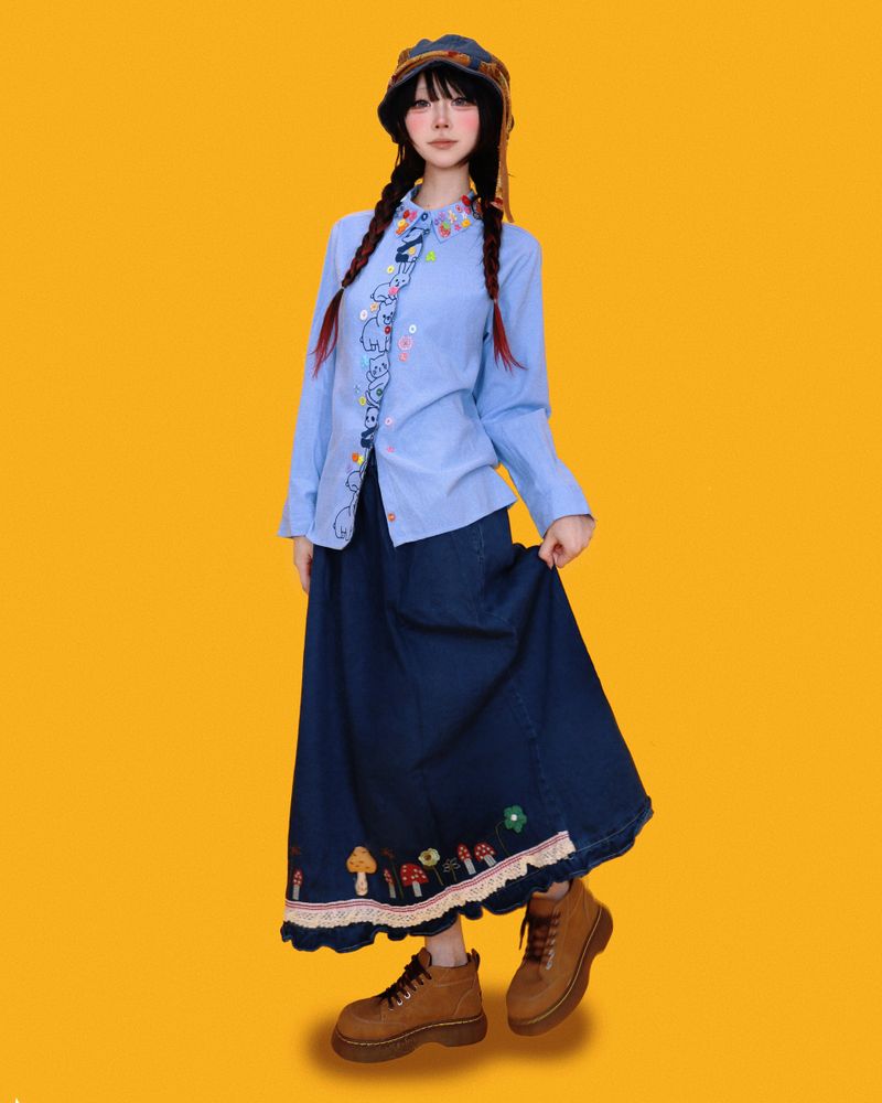 mushroom denim long skirt (2color)