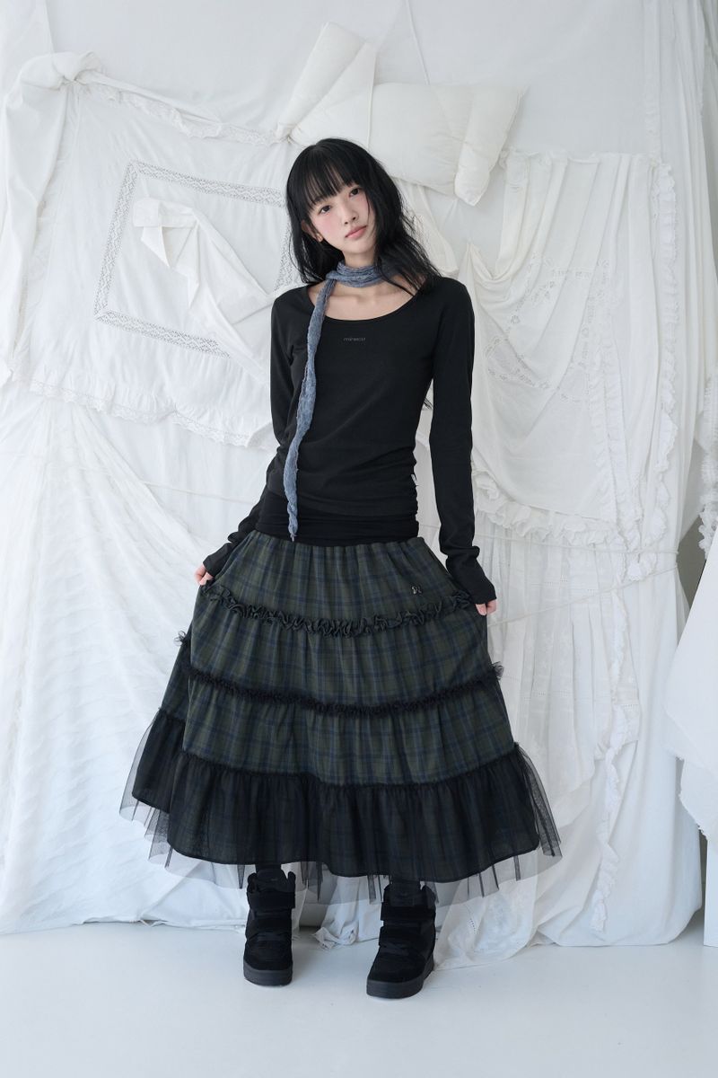 FOLDED CHECK FRILL MESH SK KHAKI