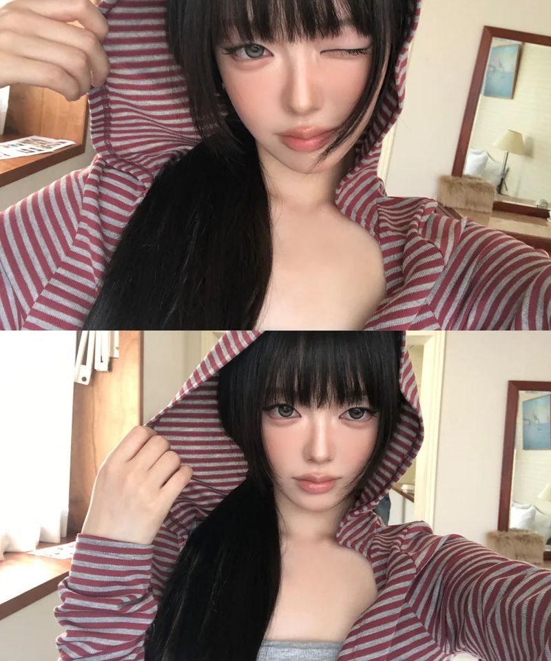 WONDER WONDER（ワンダーワンダー）の「ヒールストライプドディープVネックフードTシャツ（トップス）」
