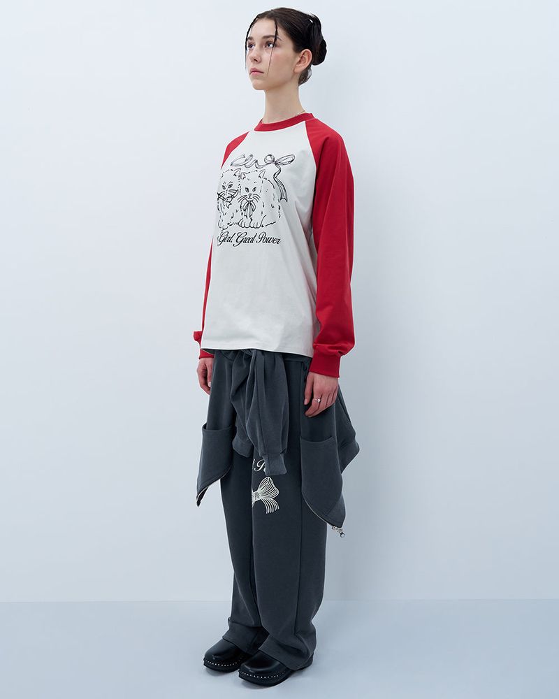 RIBBON CATS RAGLAN LONG SLEEVE-RED