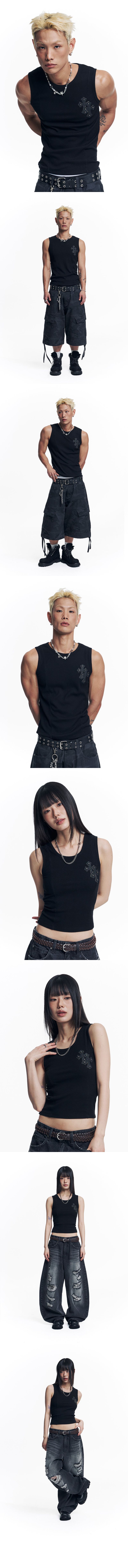 Cross Leather Patch Sleeveless - Black