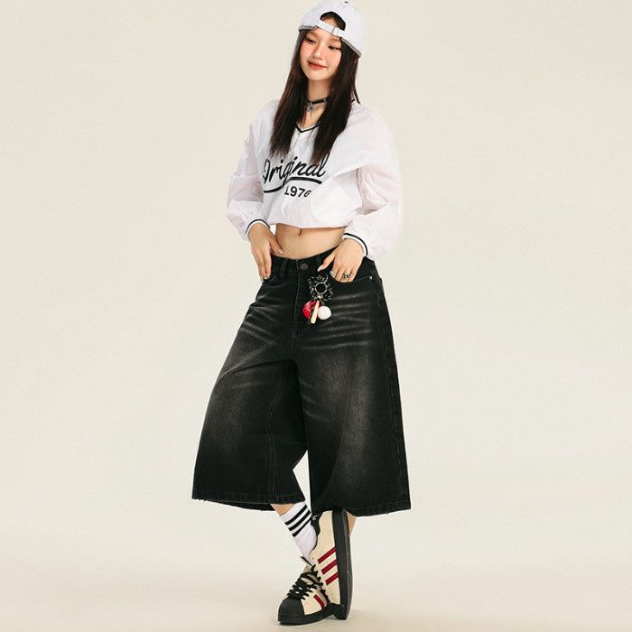 American retro loose-fitting washed distressed wide-leg capri pants