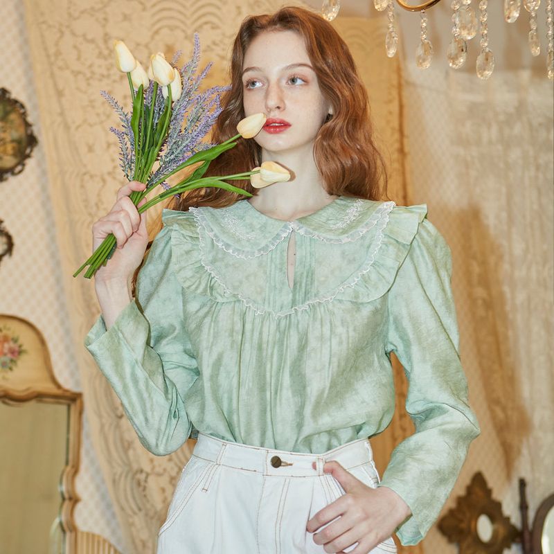 Flower Embroidered Pintuck Blouse (Yellow Green)