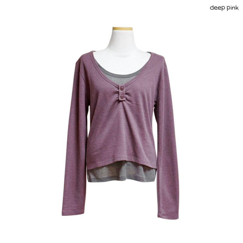 (3color) Shirring Button Layered Wool Knit Tee