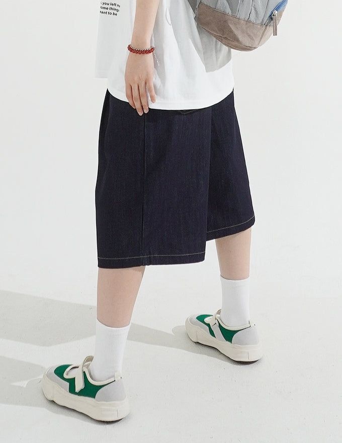 Pintuck Wide Raw Denim Bermuda Pants