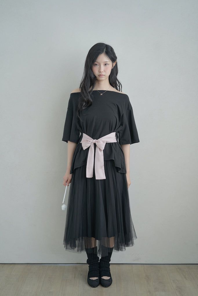 ビッグリボンストラップルーズトップス - black
