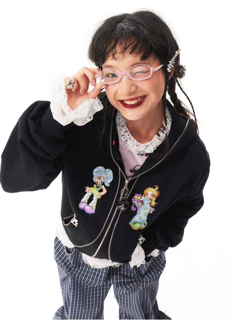 sillysis 黒のかわいい女の子イラスト、両頭金属ジッパー構造感スウェットパーカー