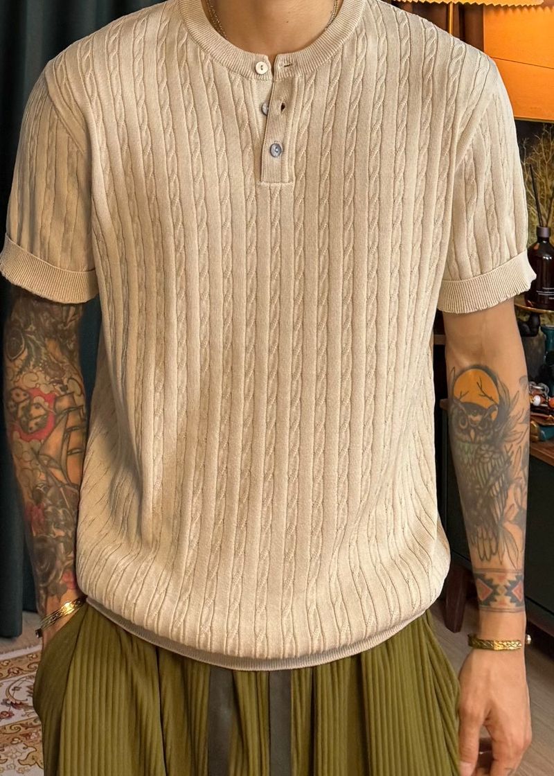 Cable Span Henley Neck Short Sleeve Knit 6COLOR