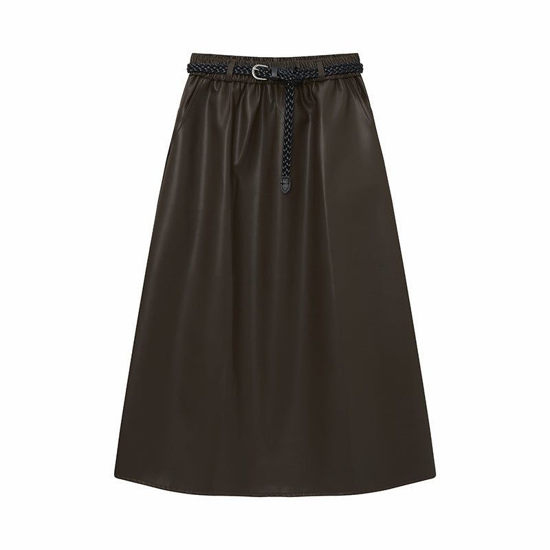 Twisted Belt Leather Long Skirt