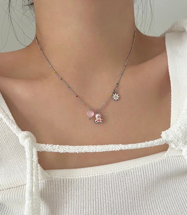 gom kitsch color beads daisy bear layered necklace