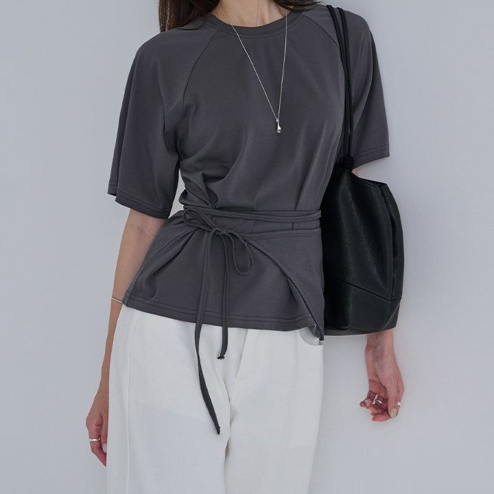 [Feliz] Side Wrap Drawstring Raglan Short Sleeve T-Shirt - 2 Color