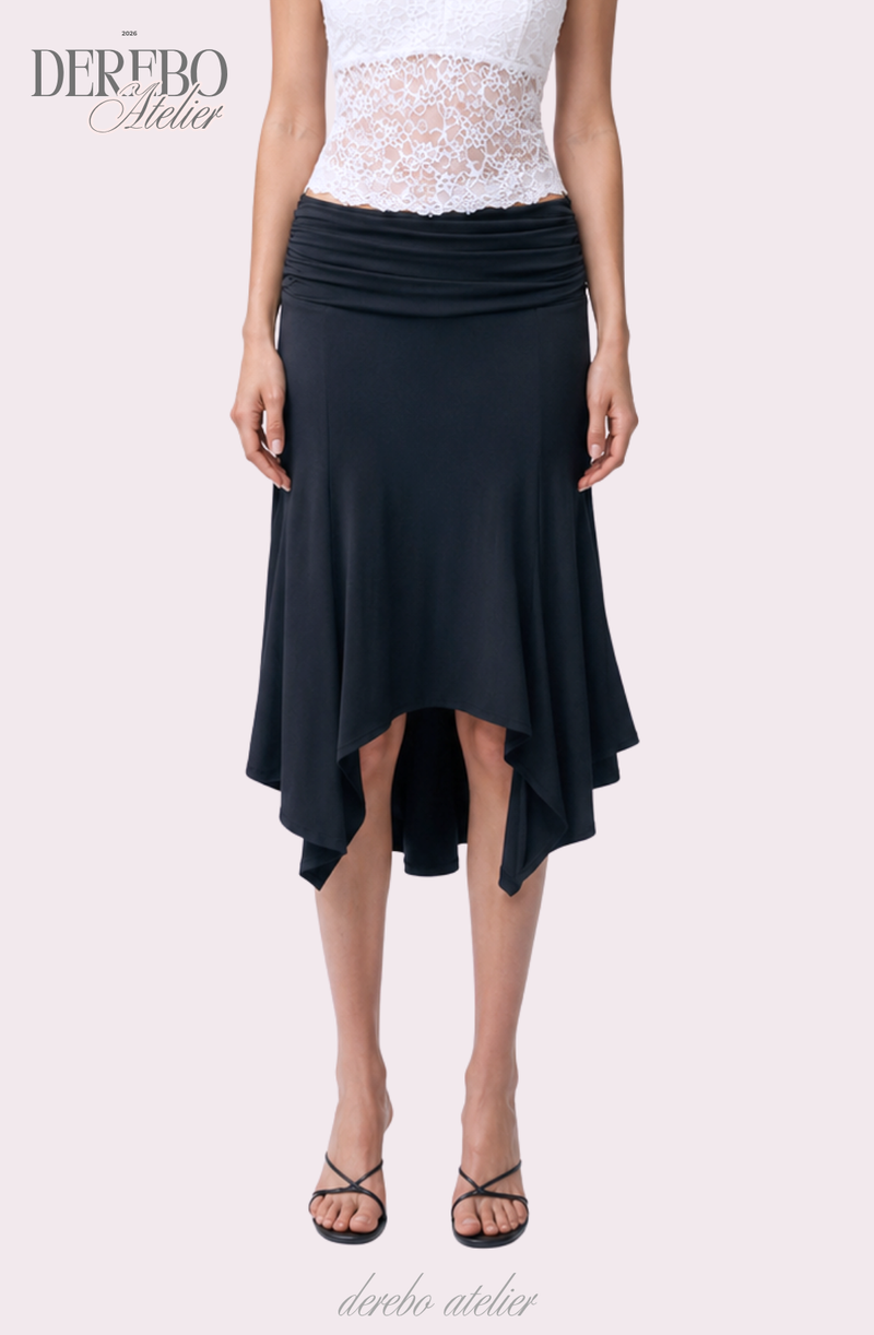mood fit unbalanced midi long skirt