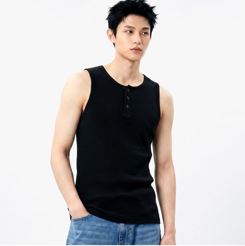 Ribbed Henley-Neck Sleeveless Top Black