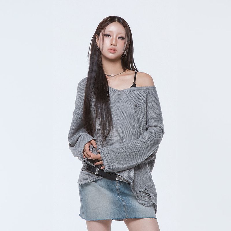 (DUC) Damaged Loose-Fit Knit Gray
