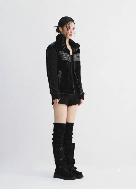 Fur-Trimmed Shearling + Deep Black Knit