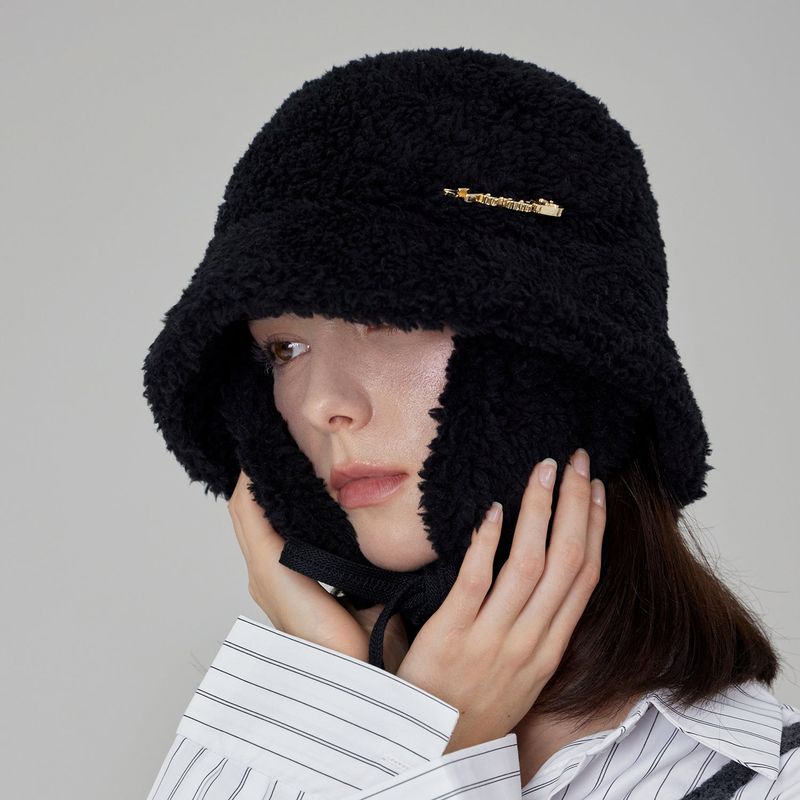 VARZAR Safety Pin Sherpa Fur Flap Bucket Hat / Black