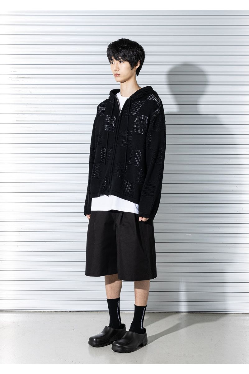 CHECKERBOARD MESHED ZIP-UP KNIT