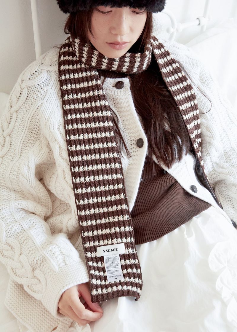 Striped Knit Muffler - Brown