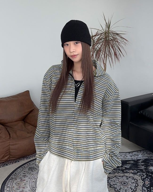 Needeu Crop Stripe Zip Up