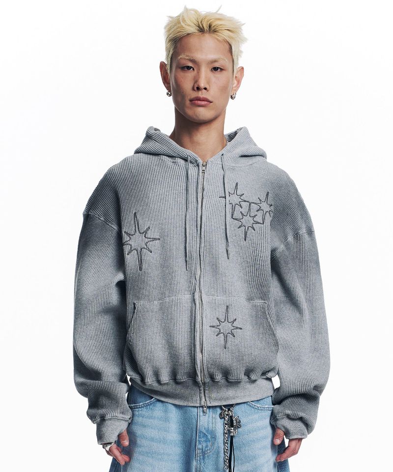 EASY NO EASY（イージーノーイージー）の「Washed Star Waffle Hooded Zip-Up - Grey（Tops）」