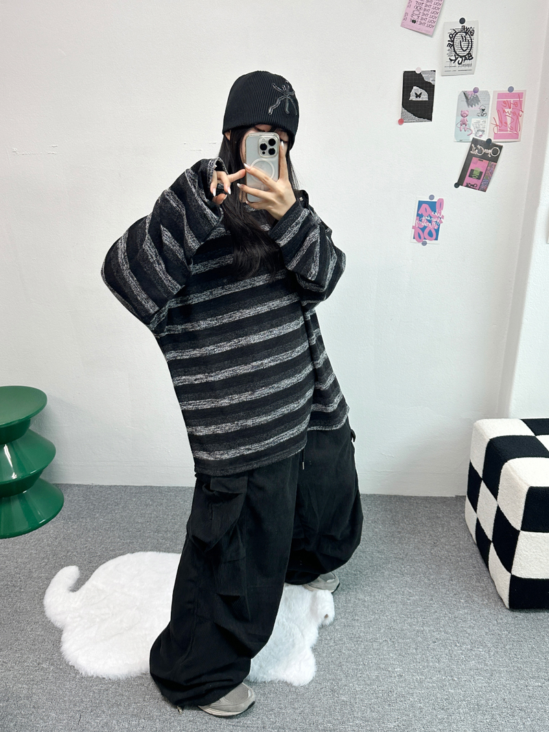 SHOULDER SNAP WARMER POINT STRIPED KNIT🤎🖤🧸 - 2 COLORS